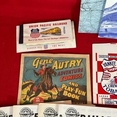 VINTAGE GENE AUTRY COMIC BOOK, VINTAGE YANKEE GIRL CHEWING TOBACCO BAG, ALASKA MAPS, READING MATERIAL AND MORE