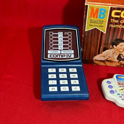 COMP IV THE CHALLENGING COMPUTER NUMBERS GAME, WHEEL OF FORTUNE HAND HELD GAME AND HANGMAN HANDHELD GAME