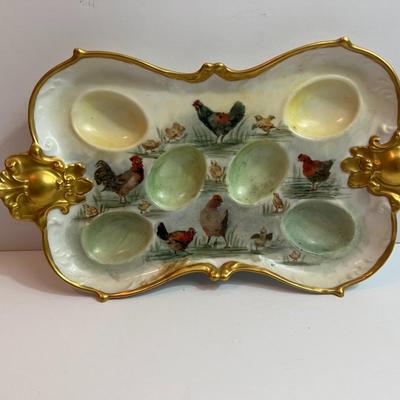 Antique A & K France Limoges c1900's Rooster Themed Deviled Egg Plate 9-1/2