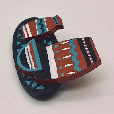 Southwestern Pottery Wooden Pin Brooch Hand-painted artist signed