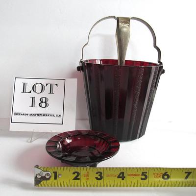 Vintage Ruby Red Ice Bucket With Metal Tongs and Ashtray