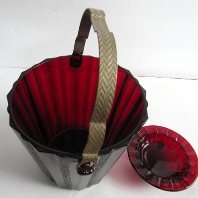 Vintage Ruby Red Ice Bucket With Metal Tongs and Ashtray