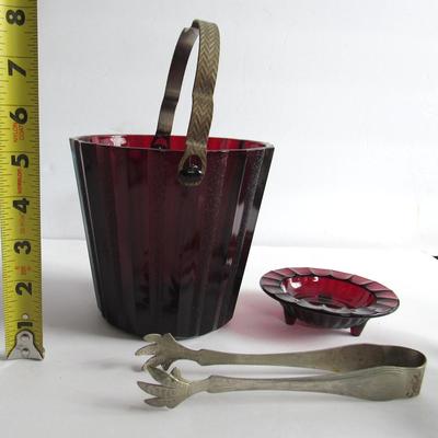 Vintage Ruby Red Ice Bucket With Metal Tongs and Ashtray