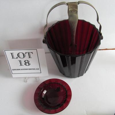 Vintage Ruby Red Ice Bucket With Metal Tongs and Ashtray