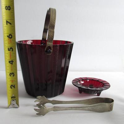 Vintage Ruby Red Ice Bucket With Metal Tongs and Ashtray