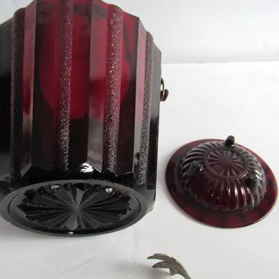 Vintage Ruby Red Ice Bucket With Metal Tongs and Ashtray