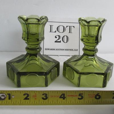 Pair Vintage Fostoria Coin Glass Green Candle Holders