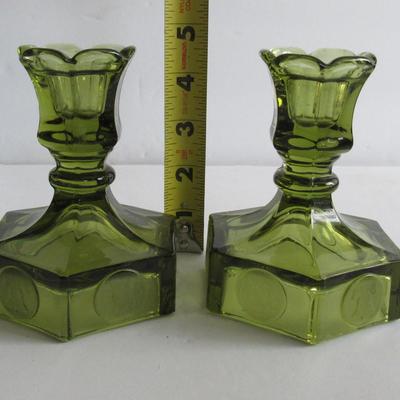 Pair Vintage Fostoria Coin Glass Green Candle Holders