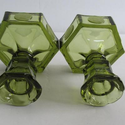 Pair Vintage Fostoria Coin Glass Green Candle Holders