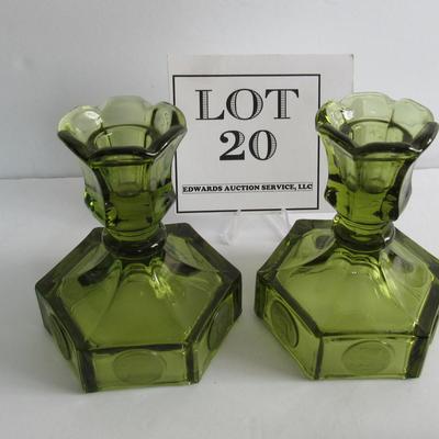 Pair Vintage Fostoria Coin Glass Green Candle Holders