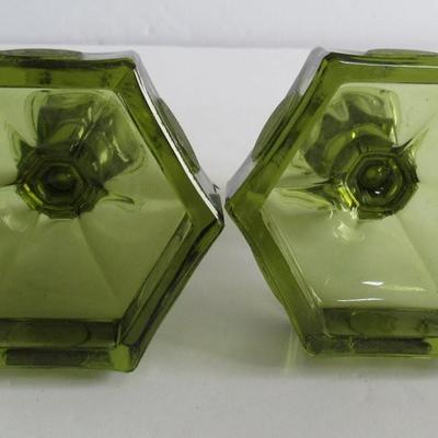 Pair Vintage Fostoria Coin Glass Green Candle Holders