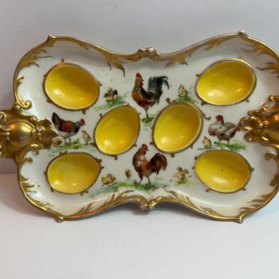 Antique A & K France Limoges c1900's Rooster Themed Deviled Egg Plate 8-1/2