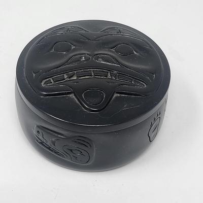 Vintage Fait A La Main Canadian Native Carved Black Resin Lidded Boxes (2)