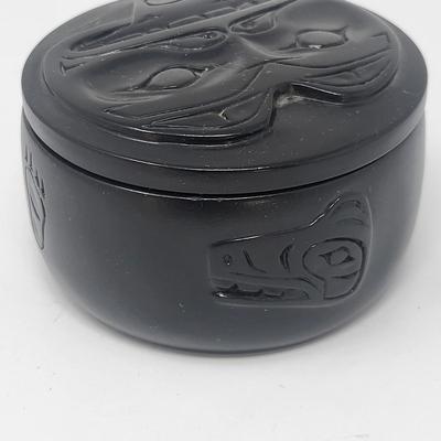 Vintage Fait A La Main Canadian Native Carved Black Resin Lidded Boxes (2)