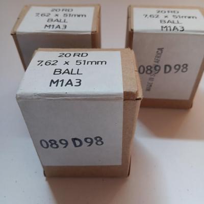 Three boxes of 20 round - 7,62 x 51mm Ball M1A3 ammunition - 60 total rounds