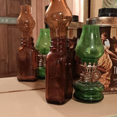 LOT 21: Hand Crafted Shelf w/Towel Bar, Apothecary Jars/Bottles, Miniature Green Hurricane Lamps & More