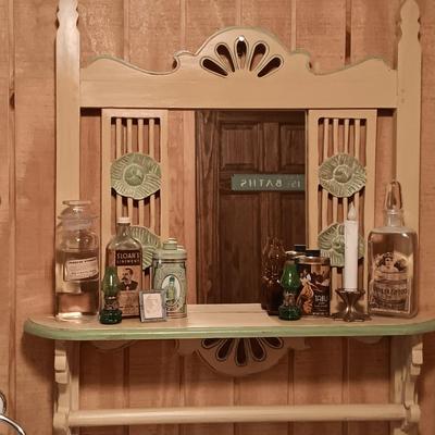 LOT 21: Hand Crafted Shelf w/Towel Bar, Apothecary Jars/Bottles, Miniature Green Hurricane Lamps & More