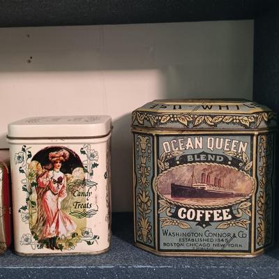 LOT 25: Home Decor: Shelves, Party Lite Stained Glass Votive Holders, Vintage Tins & More
