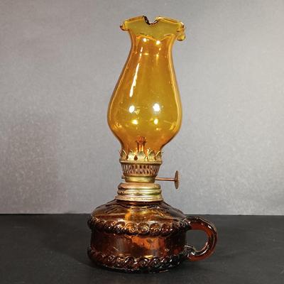 LOT 30: Vintage Amber Hurricane Lamps & Painted Framed Tiles