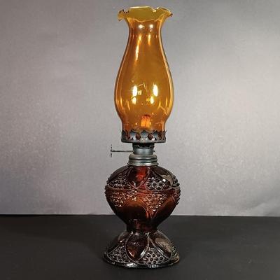 LOT 30: Vintage Amber Hurricane Lamps & Painted Framed Tiles
