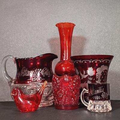 LOT 34: Vintage Ruby Red: Etched Vase, Little Bird, Vase, Atlantic City Thumbprint 1901 Souvenir Pitcher, Atlantic City 1900 Souvenir...