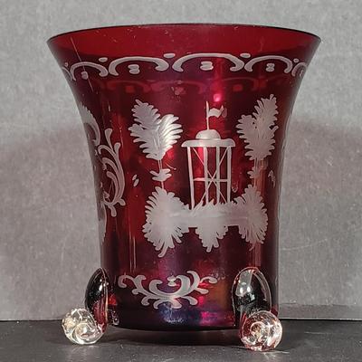 LOT 34: Vintage Ruby Red: Etched Vase, Little Bird, Vase, Atlantic City Thumbprint 1901 Souvenir Pitcher, Atlantic City 1900 Souvenir...
