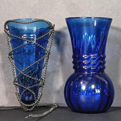 LOT 35: Cobalt Blue Vase Collection & More: Unique Hanging Vase, Stained Glass Planter, Butterfly Sun Catcher
