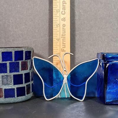 LOT 35: Cobalt Blue Vase Collection & More: Unique Hanging Vase, Stained Glass Planter, Butterfly Sun Catcher