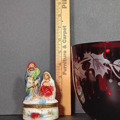 LOT 37: Ruby Red Glass Holly and Berry Bowl Teleflora, Nativity Scene Trinket box, Golden Deer & Deer Towel Holder