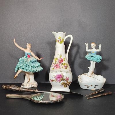 LOT 40: Sterling Silver Glove Hooks & Shoehorn, Vintage Dresden Figurines & More