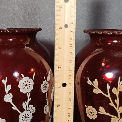 LOT 41: Pair of Vintage Mid-Century Red Ruby Glass Vases w/White Birds & Flowers & More
