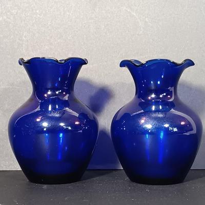 LOT 42: Cobalt Blue Collection of Vases, Oil Lamp, Stained Glass Angel, Plates & More
