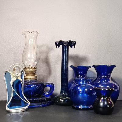 LOT 42: Cobalt Blue Collection of Vases, Oil Lamp, Stained Glass Angel, Plates & More