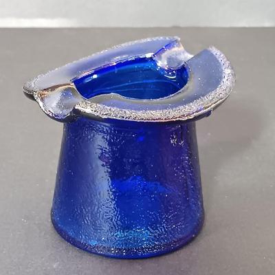 LOT 43: Cobalt Blue Collectible Glassware: Hat Ashtray, Vases, Swan Trinket Dish, Souvenir Canoe