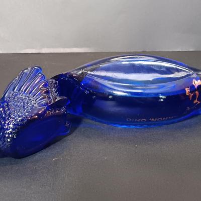 LOT 43: Cobalt Blue Collectible Glassware: Hat Ashtray, Vases, Swan Trinket Dish, Souvenir Canoe