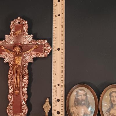 LOT 45: Silver Tone Cross Necklace, Religious Statues: Lefton, Knock Pottery & More