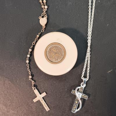 LOT 45: Silver Tone Cross Necklace, Religious Statues: Lefton, Knock Pottery & More