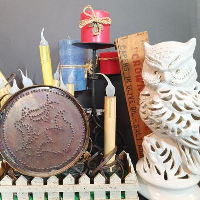 LOT 49: Home Black Metal Candle Holders, Ceramic White Owl, Primitive Weighted Electric Candles, Vintage Box & More