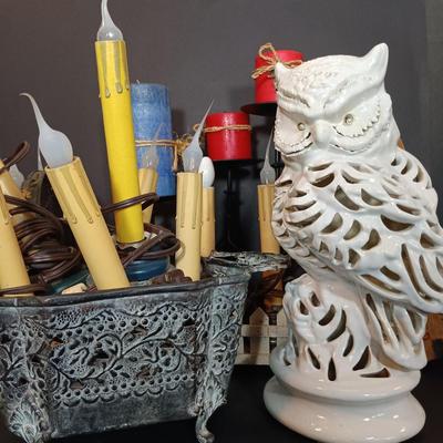 LOT 49: Home Black Metal Candle Holders, Ceramic White Owl, Primitive Weighted Electric Candles, Vintage Box & More