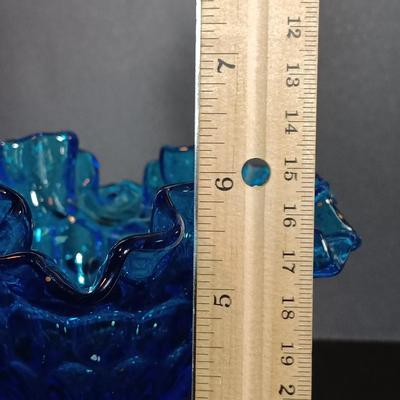 LOT 54: Vintage Corner 3-Tier Shelf & Blue Glass Thumbprint Compote Dish, Shoe, Candle Holders