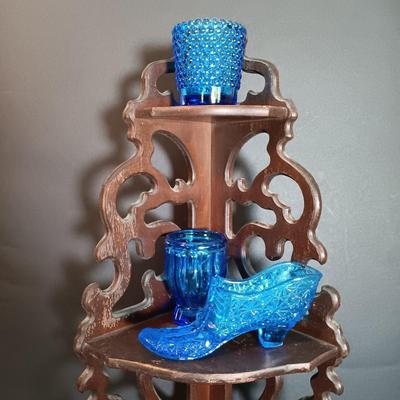 LOT 54: Vintage Corner 3-Tier Shelf & Blue Glass Thumbprint Compote Dish, Shoe, Candle Holders
