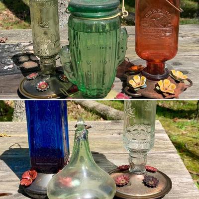 LOT:61/62: Collection of 6 Art Glass/Vintage Bottle Style Bird Feeders