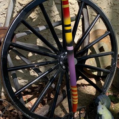 LOT:63: Yard Art Collection of Resin Squirrels, Antique/Vintage Wagon Wheels Stone Wheel and Other Garding Tools