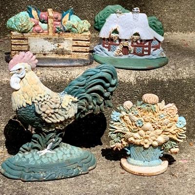 LOT:64: Vintage Painted Cast Iron Door Stops - Rooster, Flowers, Vegetable Basket, and Winter Cottage