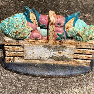 LOT:64: Vintage Painted Cast Iron Door Stops - Rooster, Flowers, Vegetable Basket, and Winter Cottage