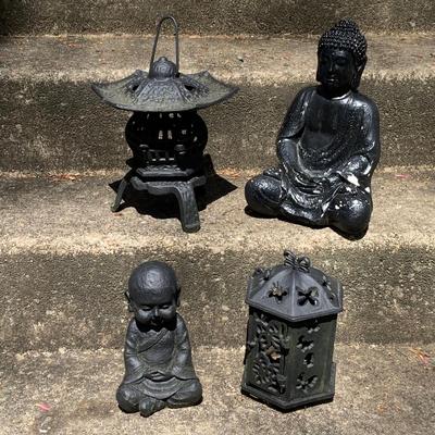 LOT 65: Asian Inspired Cast Iron Lanterns/Lamps, Chalk and Resin Buddas Figures