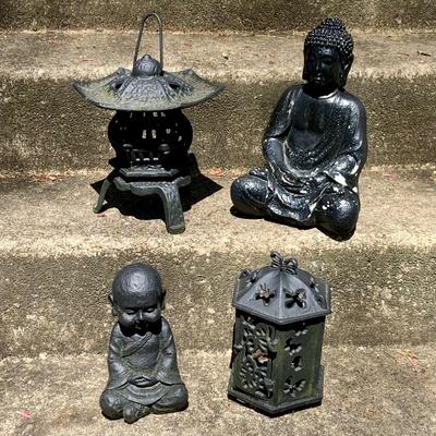LOT 65: Asian Inspired Cast Iron Lanterns/Lamps, Chalk and Resin Buddas Figures