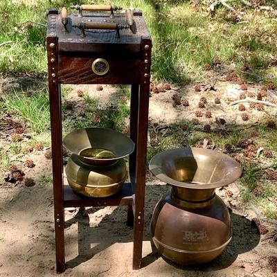 LOT 69: Vintage/Antique Smoking Stand with Union Pacific Copper and Brass Spittoon and Smaller Brass Spittoon
