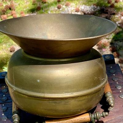 LOT 69: Vintage/Antique Smoking Stand with Union Pacific Copper and Brass Spittoon and Smaller Brass Spittoon