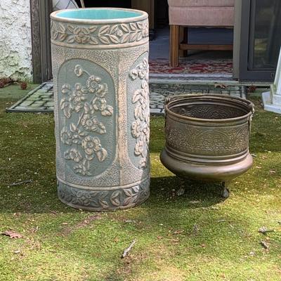 LOT 72: Robinson Ransbottom Pottery Style Umbrella Stand and Brass/Cooper Footed Pot with Handle